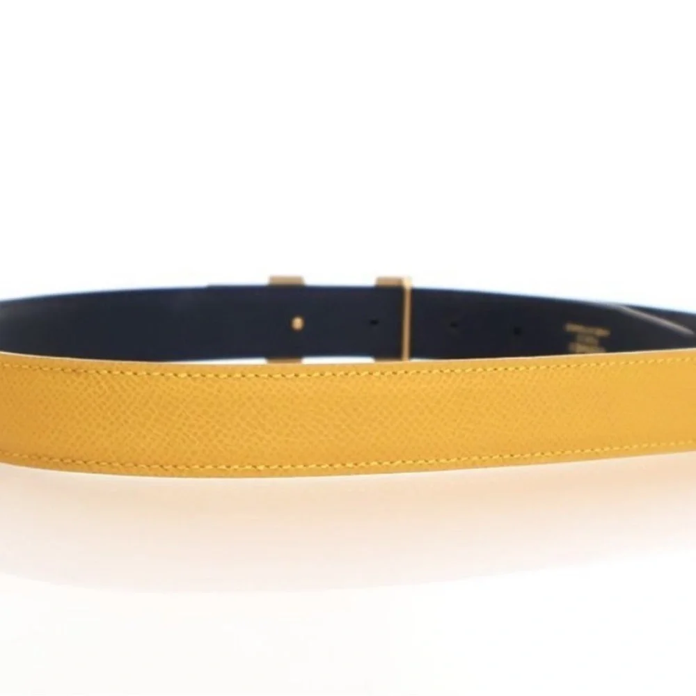Authentic HERMÈS Jaune/Navy D'or Epsom Constance Reversible H Belt -Size 70